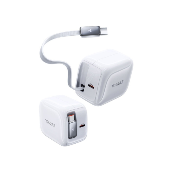 TORRAS YOGA FlexLine 67W fast charger in white with retractable USB-C cable